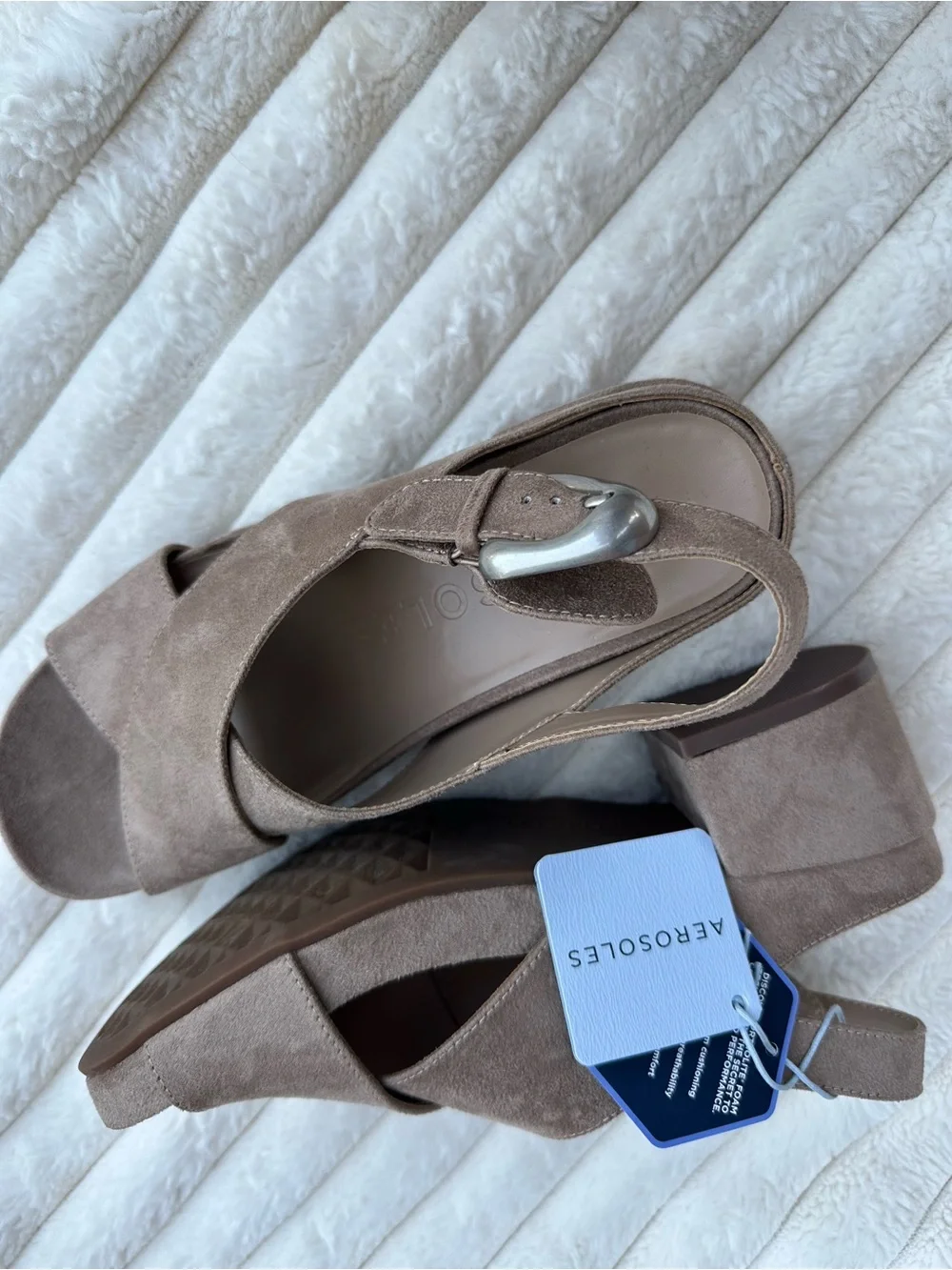 AEROSOLES Taupe Suede Crisscross Slingback Sandals with Buckle